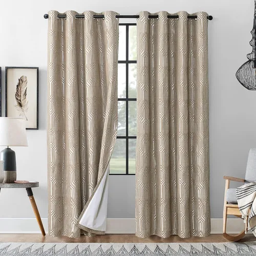 Vista 16 de Cortinas de patrón geométrico jacquard 100% opacas beige y plateado, 42 pulgadas de ancho y 63 pulgadas de largo, 2 paneles con aislamiento térmico