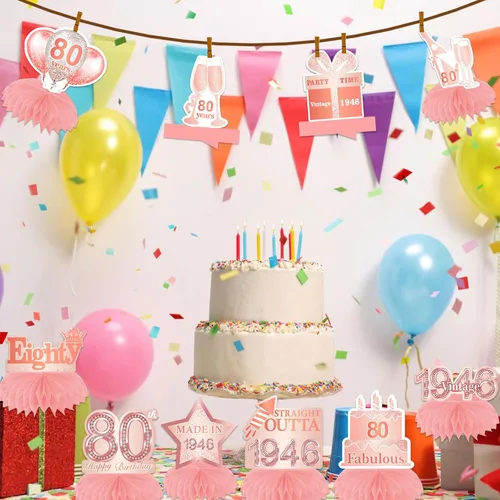 Vista 6 de Centros de mesa de nido de abeja de oro rosa de 80 años, globos de decoración temática, decoración de mesa para niñas y mujeres, dulce princesa