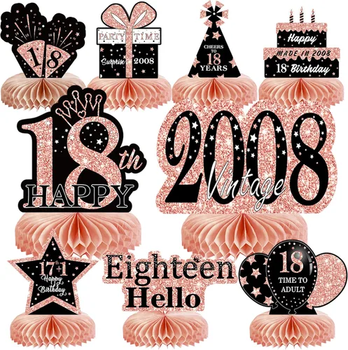 Vista 11 de 9 piezas de decoración de cumpleaños negro dorado 16 centros de mesa de panal para niños y niñas, centros de mesa de feliz cumpleaños 16 Oro negro 16