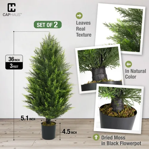 Vista 2 de Fencer Wire Juego de 2 árboles de cedro artificial de 3 pies y 36 pulgadas, plantas artificiales naturales para macetas exteriores, resistente a