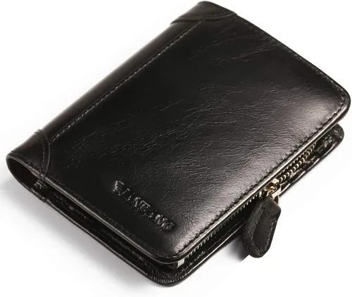 Vista 20 de Billetera para hombre con cremallera de cuero genuino RFID tarjeteros de piel de vaca con cremallera bolsillo para monedas, carteras plegables