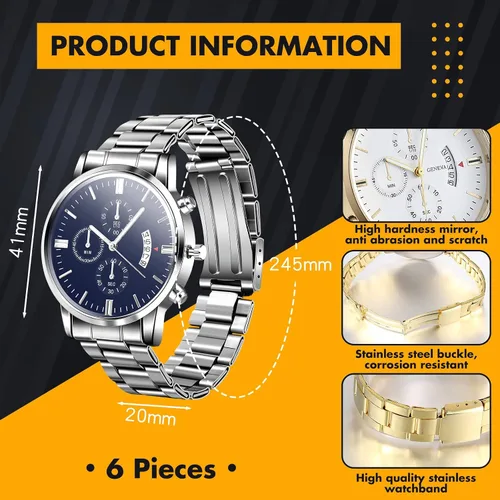 Vista 2 de Outus Juego de 6 relojes para hombre, correa de acero inoxidable, relojes de pulsera de cuarzo para hombres y niños, regalos de negocios, vestido