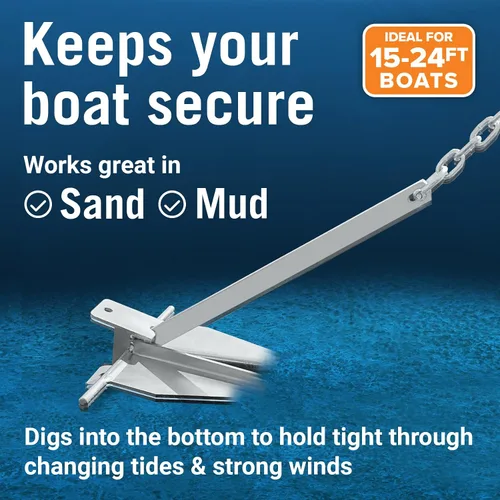 Vista 3 de Kit de anclaje para lancha pesada Fluke Anchor con cadena de anclaje y cuerda de anclaje para lancha para incluir anclajes de barco para barcos