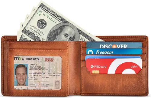 Vista 4 de Carteras plegables con bloqueo RFID para hombres con 2 ventanas de identificación cartera de cuero de grano completo de gran capacidad Marrón Rustic