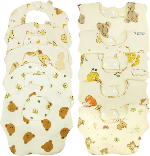 Vista 7 de Baberos de muselina para bebé niña niño para babeo y dentición, paquete de 10 Soft organic cotton muslin bibs for drooling, teething and feeding.