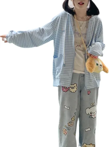 Vista 6 de Sudadera con capucha y cremallera de rayas azules con estampado de gato japonés Kawaii para mujer, abrigo dulce y lindo