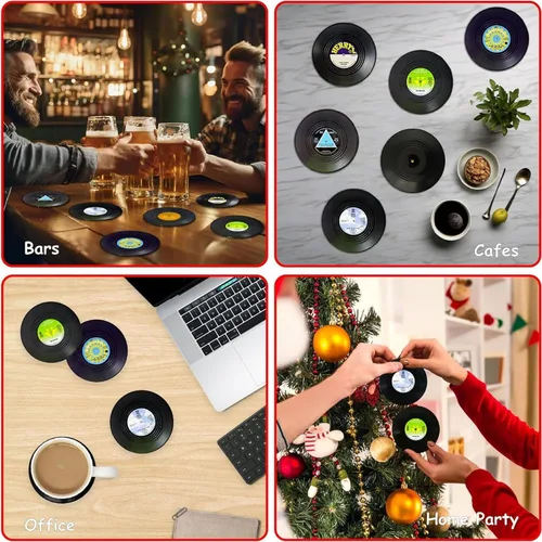 Vista 6 de Divertidos posavasos retro para bebidas de café con soporte para reproductor de vinilo, juego de 6 posavasos personalizados únicos para inauguración