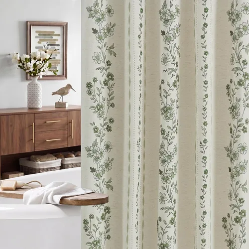 Vista 13 de ORTIGIA Cortinas de ducha negras para baño, juego de cortina de ducha moderna de lino con ganchos de metal, floral, impermeable, vintage, tela