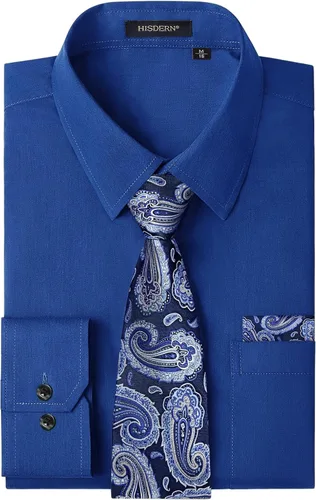 Vista 68 de HISDERN Mens Dress Shirt with Tie Pocket Square Set Classic Button Down Shirt Matching Tie Long Sleeve Shirts 08-verde