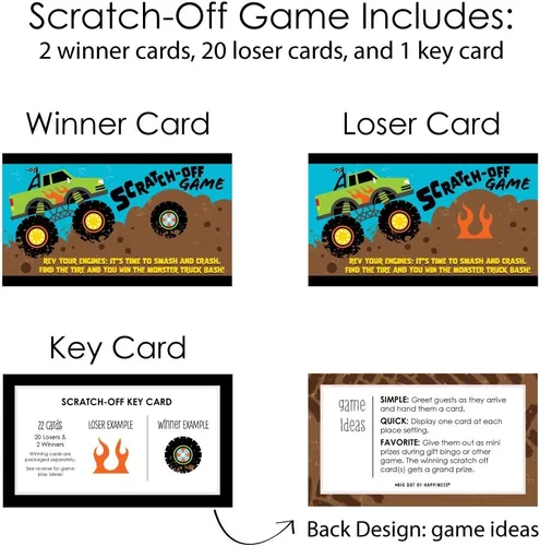Vista 5 de Big Dot of Happiness Smash and Crash - Monster Truck - Juego de tarjetas para raspar para fiesta de cumpleaños para niños, 22