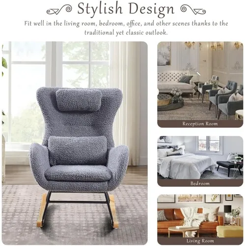 Vista 3 de Mecedora moderna, silla mecedora tapizada, silla de acento cómoda con asiento acolchado, respaldo alto, sofá de ocio para lectura, dormitorio, sala