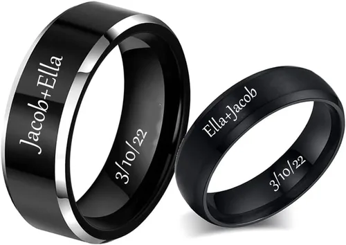 Vista 4 de Anillos a juego personalizados para parejas, anillos de promesa de acero inoxidable para parejas, juego con 2 anillos grabados dentro y fuera