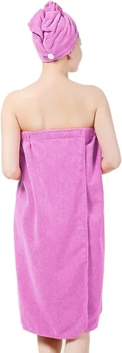 Vista 2 de FakeFace Juego de bata de baño de microfibra absorbente para mujer, bata de baño de rizo con gorro de secado para el pelo, gorro turbante