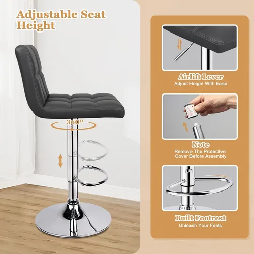 Vista 6 de ERGOSEAT Juego de 2 taburetes de bar ajustables de doble aguja con respaldo de 6 cuadrados, color negro