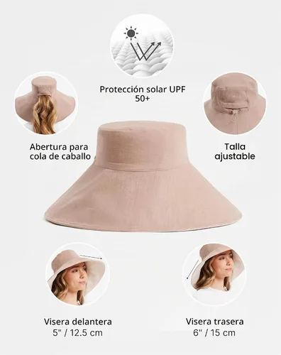 Vista 3 de Solbari Sombrero de sol de lino de algodón ultra ancho para mujer, UPF 50+, plegable, ajustable con agujero para cola de caballo para viajes, playa