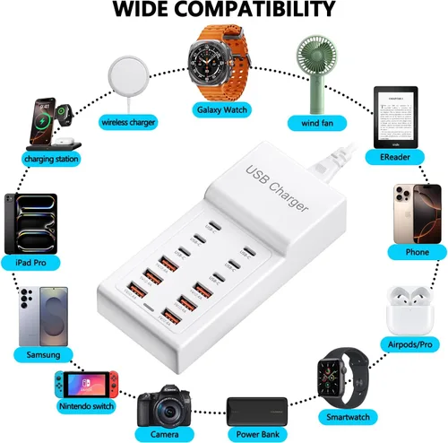 Vista 5 de Estación de carga USB, 12 puertos (6 USB + 6 USBC) Hub de cargador USB, tira de alimentación USBC múltiple de 50 W para iPhone, Samsung, tableta