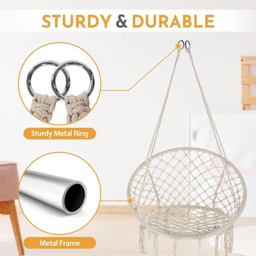 Vista 3 de Garpans Hamaca de macramé, estilo bohemio, hamaca con borlas, columpio colgante hecha a mano, cuerda de algodón tejida a mano para interiores y Beige