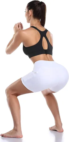 Vista 6 de Oalka Pantalones cortos de yoga para mujer, con bolsillos laterales, cintura alta, para entrenamiento, correr, deportes, 4 pulgadas