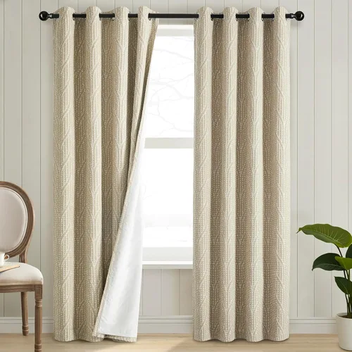 Vista 2 de Cortinas opacas de jacquard blanco y arena cálida, 52 pulgadas de ancho y 96 pulgadas de largo, 2 paneles, aislamiento térmico, reducción de ruido