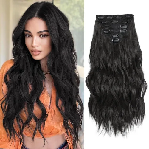 Vista 16 de Extensiones de cabello con clip para mujer, mezcla negra oscura con reflejos marrón claro, 20 pulgadas, 6 piezas, extensiones de cabello largo