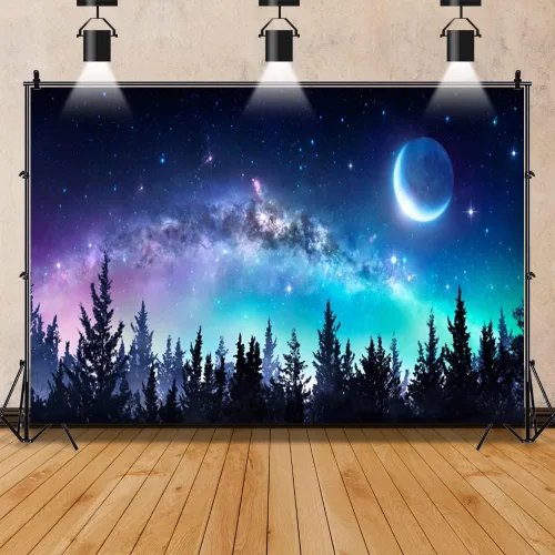 Vista 3 de AOFOTO Telón de fondo de bosque de cielo nocturno de 5 x 3 pies, universo, nebulosa, galaxia, cielo estrellado, fondo para fotos, luces coloridas