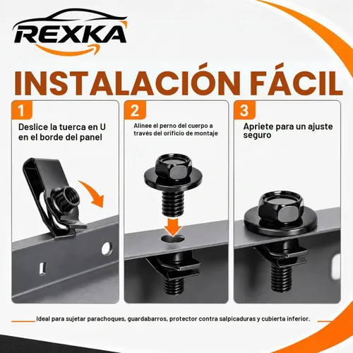 Vista 5 de Rexka 10 juegos de tuercas en U extruidas M6-1.0 y tornillos SEMS de cabeza hexagonal para GM Ford Chevy ChryslerJeep Dodge – multiusos – Protector
