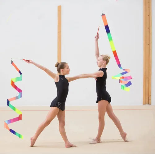 Vista 5 de 2 varitas de cinta para danza de arcoíris para niños, 78.74 pulgadas de cinta rítmica de gimnasia con varilla, cinta de arcoíris suave para danza