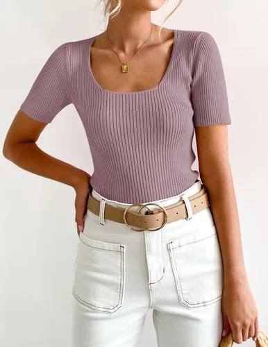 Vista 9 de ZESICA Women's 2024 Short Sleeve Square Neck T Shirts Slim Fitted Summer Ribbed Knit Basic Casual Tee Tops