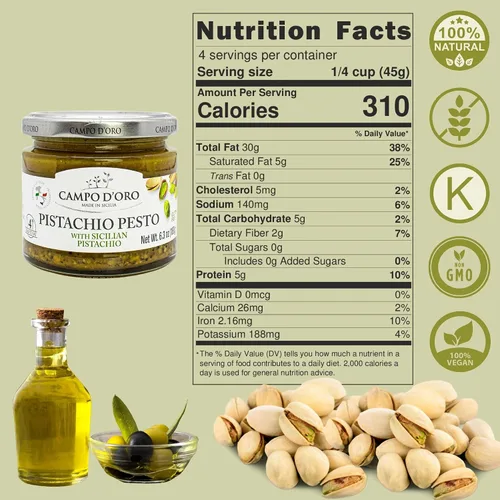 Vista 4 de CAMPO D'ORO - Pesto de pistacho, sin azúcar, pasta, pesto siciliano, 6.35 oz