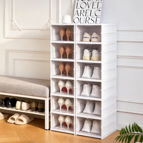 Vista 8 de ZLLZUU Caja de almacenamiento de zapatos, organizador de zapatos plegable de 6 niveles sin ensamblaje con puerta transparente, estante para zapatos