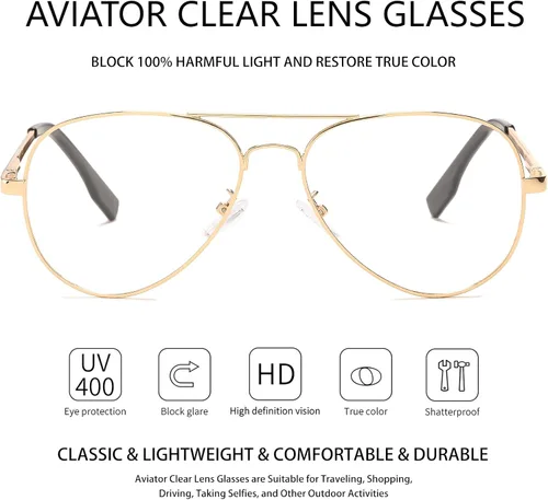 Vista 3 de Gafas de aviador clásicas para mujeres y hombres, marco de metal retro, lentes transparentes sin receta, 2.283 in