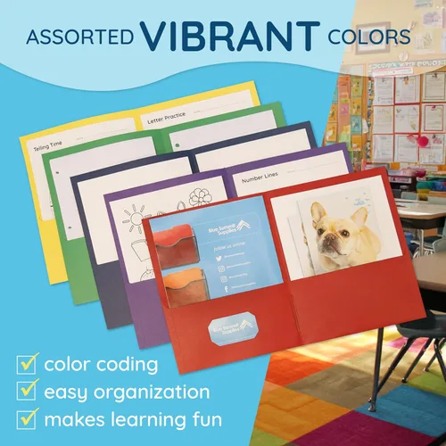 Vista 4 de Blue Summit Supplies 50 carpetas de papel de dos bolsillos a granel, diseñadas para uso en la oficina y el aula, 5 colores surtidos, paquete de 50