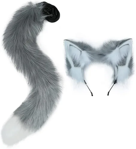 Vista 7 de VIGVAN Juego de orejas y cola de cosplay de animales, lobo, zorro, gato, mapache (blanco bronceado)