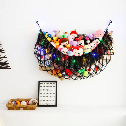 Vista 7 de Hamaca grande de animales de peluche con luz montada en la pared, hamaca Squishmallow de peluches, organizador de juguetes, hamaca de macramé Negro