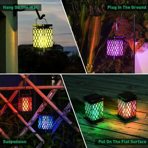Vista 6 de Faroles solares colgantes que cambian de color y fijas, 9 modos, impermeables, luces colgantes para exteriores, llama parpadeante, linternas