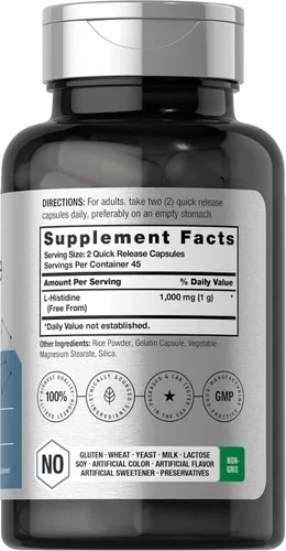 Vista 2 de Horbäach L-Histidina 1000mg 90 Cápsulas Grado farmacéutico Sin OMG y sin gluten