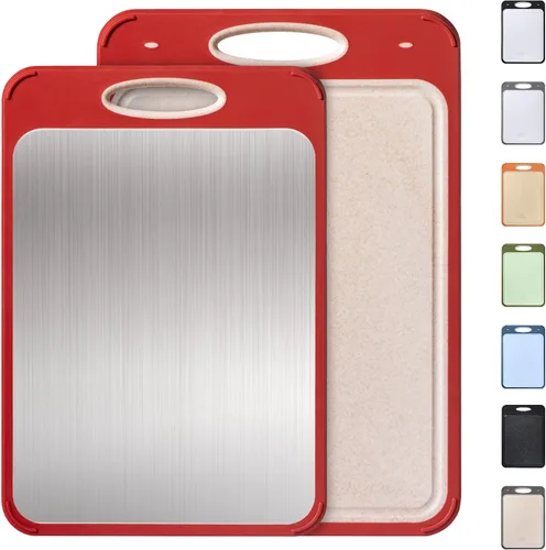 Vista 11 de Tabla de cortar de acero inoxidable 2 en 1 con mango para cortar las mejores tablas de cortar no tóxicas Tablas de cortar de 2 caras para cocina