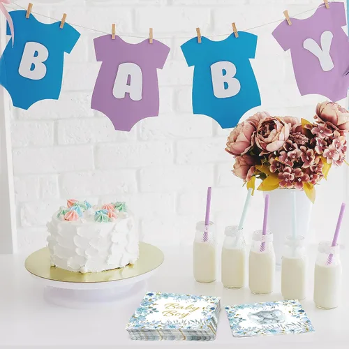 Vista 6 de Outus 100 servilletas de elefante azul para baby shower, decoraciones de baby shower para niños, cócteles, postres, servilletas de papel desechables
