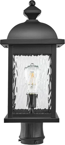 Vista 7 de Luz de poste al aire libre de aluminio para exteriores, con cable duro con vidrio ondulado de agua, acabado negro mate, 16 pulgadas de altura