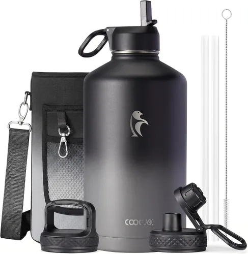 Vista 10 de Coolflask Botella de agua de 20 onzas aislada con pajilla, 3 tapas de metal de acero inoxidable, botella de agua de boca ancha para deportes u