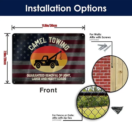 Vista 6 de Cartel de metal para pared con texto en inglés "Camel Towing When It'S Wedged In Tight We'Ll Pull It Out (12 x 8")