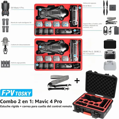 Vista 2 de FPVtosky Funda rígida para DJI Mavic 4 Pro Creator/Fly More Combo, se adapta a DJI RC Pro 2/RC 2/RC2 con parasol, hasta 5 baterías, concentrador