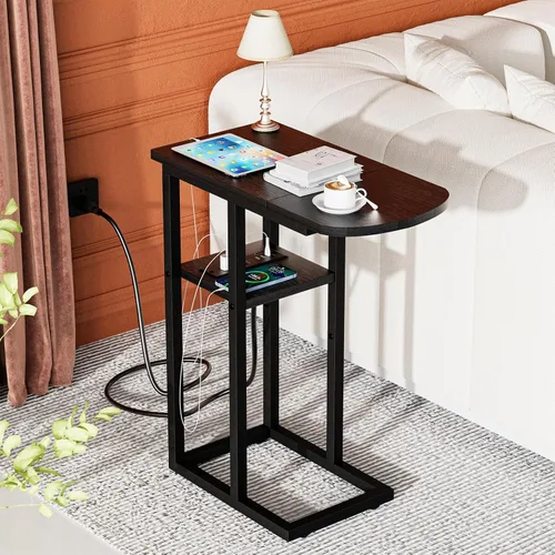 Vista 6 de eiskah Mesa auxiliar de mesa C con estación de carga, mesa auxiliar en forma de C para sala de estar, dormitorio, mesa para computadora portátil