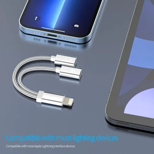 Vista 5 de Adaptador para iPhone para conector de auriculares para Apple 14 13 12 Pro Splitter Audio (2 en 1) Dual Lightning AUX a cable de carga Dongle
