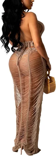 Vista 2 de Vestido largo de ganchillo sexy para mujer sin mangas de malla transparente sin espalda tejido de punto para la playa bikini