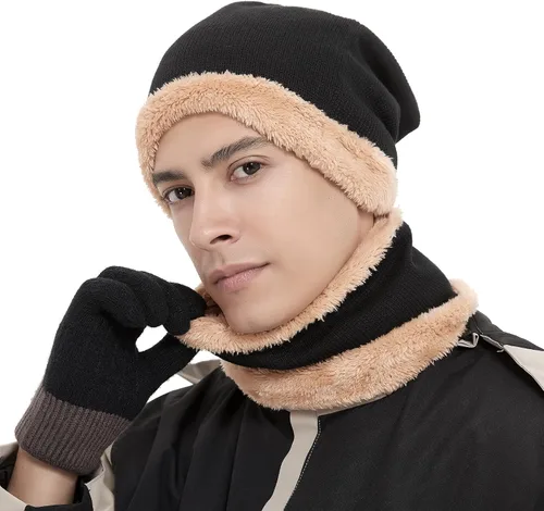 Vista 2 de Conjunto de gorro y bufanda de invierno cálido y elegante gorro de punto para hombres y mujeres