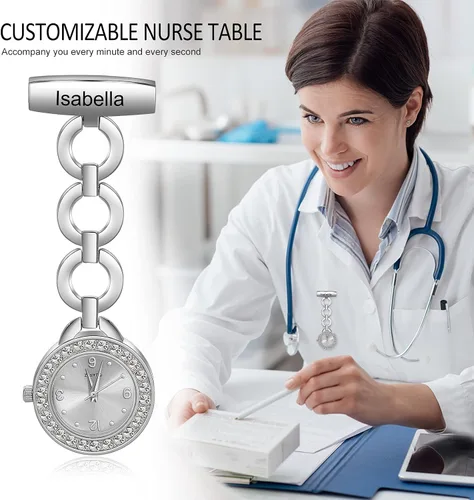 Vista 3 de Relojes de enfermera para enfermeras, médicos, relojes de enfermería personalizados, con nombre grabado, pin de solapa en el reloj de enfermería