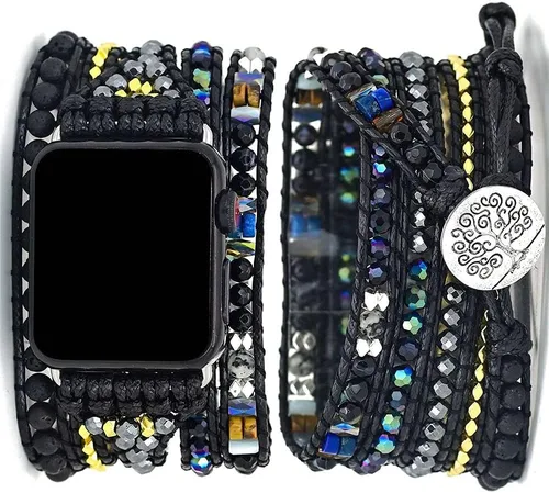 Vista 11 de Correa de reloj de cuerda trenzada con cuentas, estilo bohemio, gira 5 veces, múltiples capas, compatible con reloj Apple Watch de 45 mm, 41 mm, 44