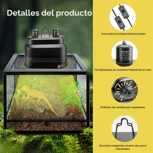 Vista 2 de MIXJOY Lámpara de reptil doble, máximo 160 W cada lámpara de calor con interruptores separados, se adapta a luz de reptil/lámpara de calor/luz UVB