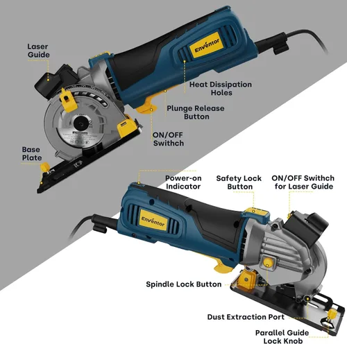 Vista 2 de Enventor Mini sierra circular, sierra circular eléctrica mejorada de 5A/600 W, con cable con guía láser, 5,500 RPM, 3 hojas de sierra compactas